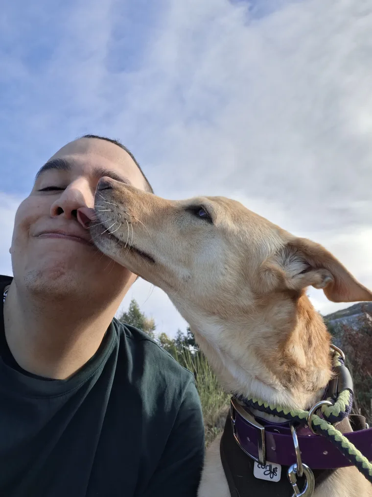 Un chien beige léchant la joue de Tonton Canin pendant une sortie