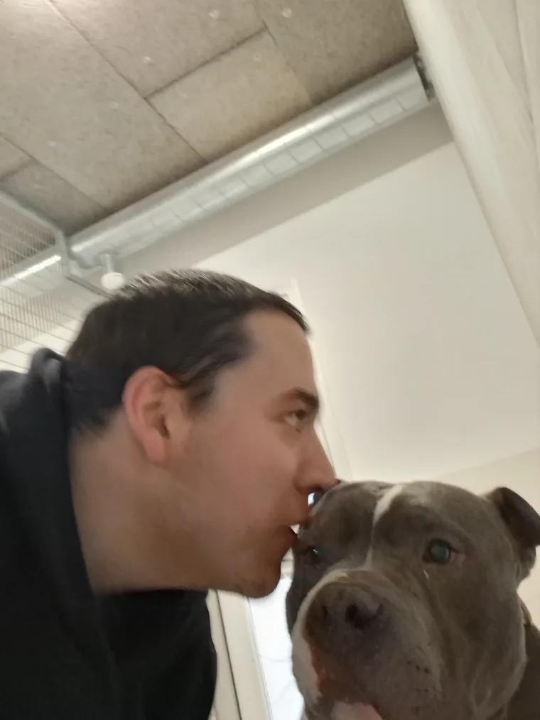 Tonton Canin embrassant un chien au pelage gris dans une pièce claire