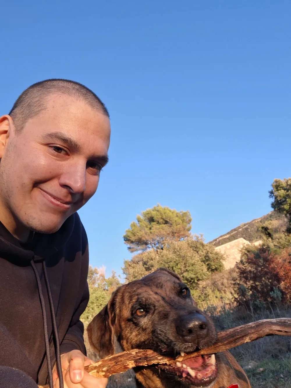 Tonton Canin en garrigue avec un chien qui tient un gros bâton dans la gueule